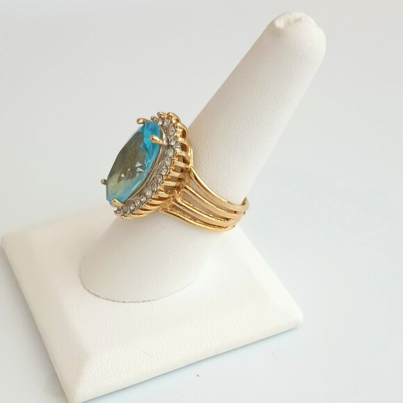 Gold Solitaire Oval Light Blue Ring 8.75 Clear Stone Baguettes Statement Jewelry - Picture 8 of 9